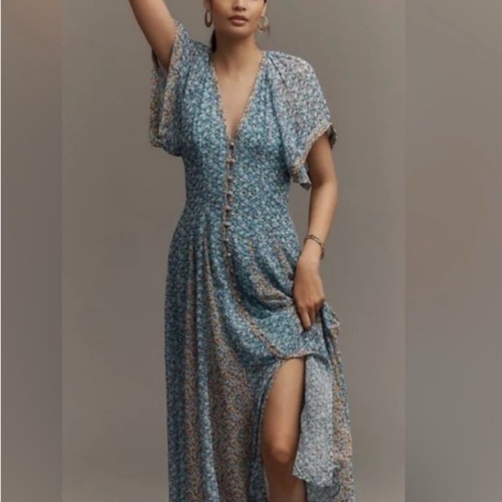 Maeve for Anthropologie Blue Floral boho button front detail Maxi Dress New - Picture 3 of 5